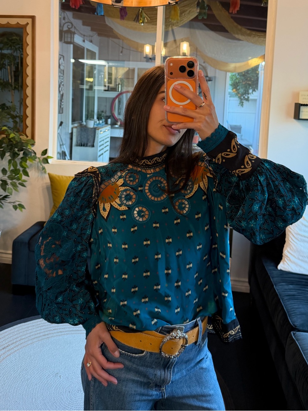 NWT FARM Rio Teal Floral Embroidered Long-Sleeve Blouse (XS)
